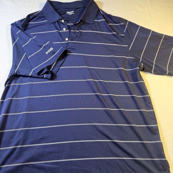 Ping‎ Polo Golf Shirt Mens XL Navy Blue Striped Short Sleeve Performance Casual - Picture 1 of 9